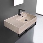 Scarabeo 5117-E-TB-BLK Beige Travertine Design Ceramic Wall Mounted Sink With Matte Black Towel Bar
